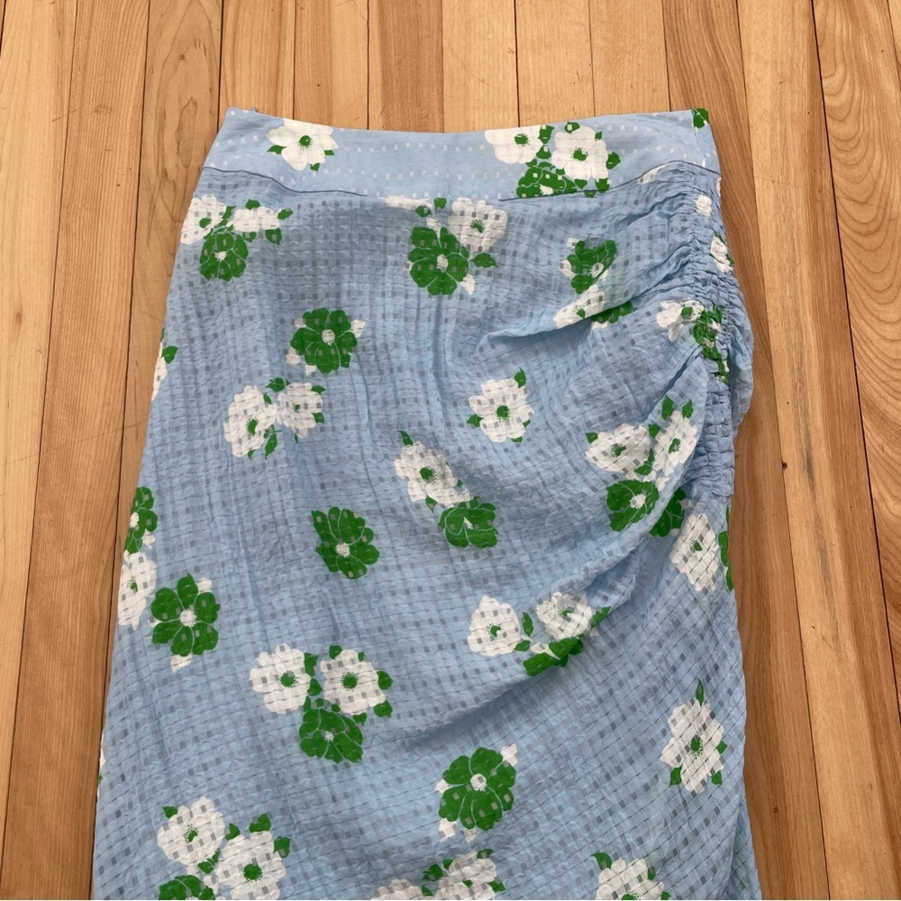 Smythe Mid-Rise Fitted Asymmetrical Ruched Flower Print Midi Skirt - Sz 0 (25) - Picture 6 of 15